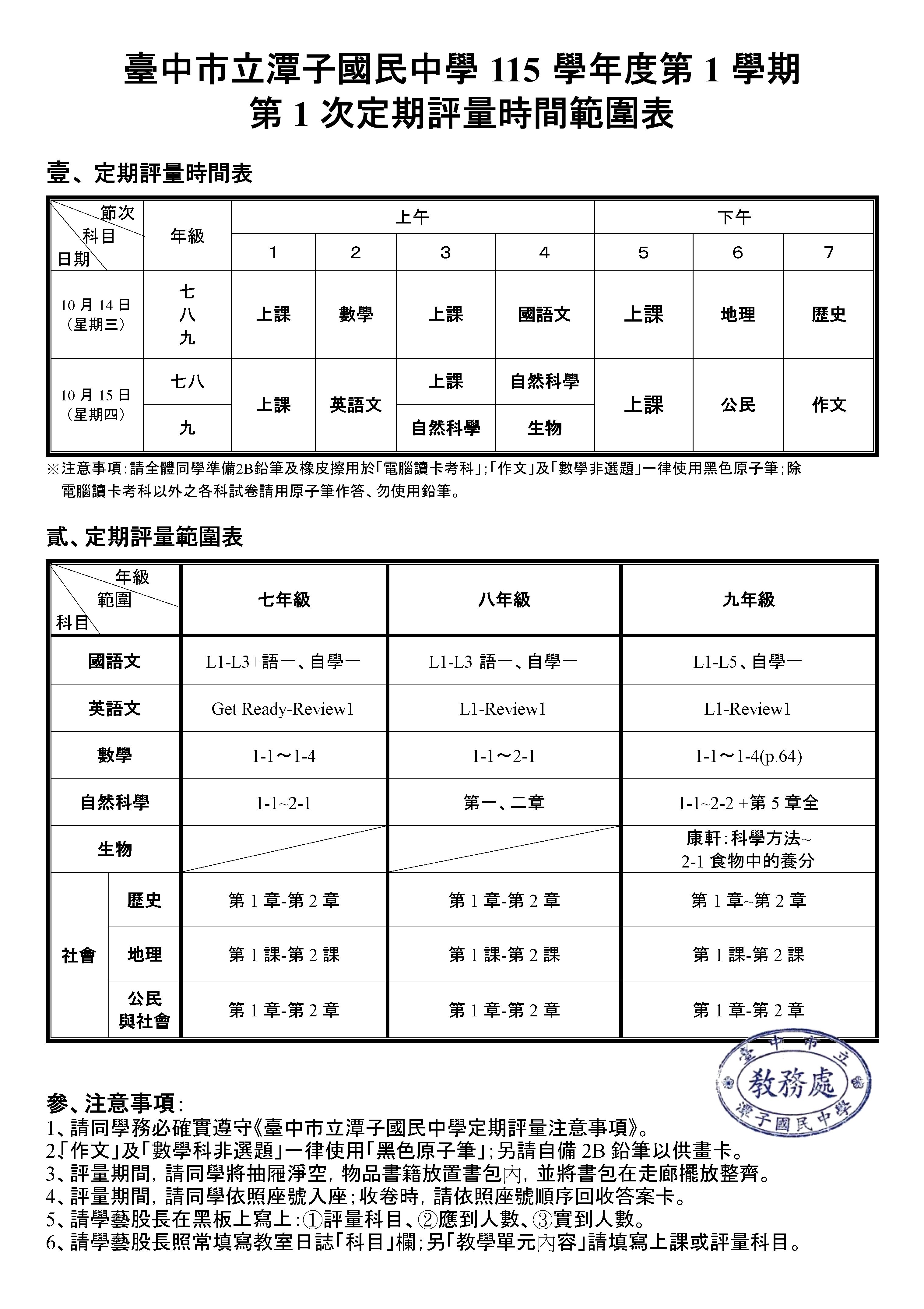 115-1 第1次定期評量時間範圍表(修正)